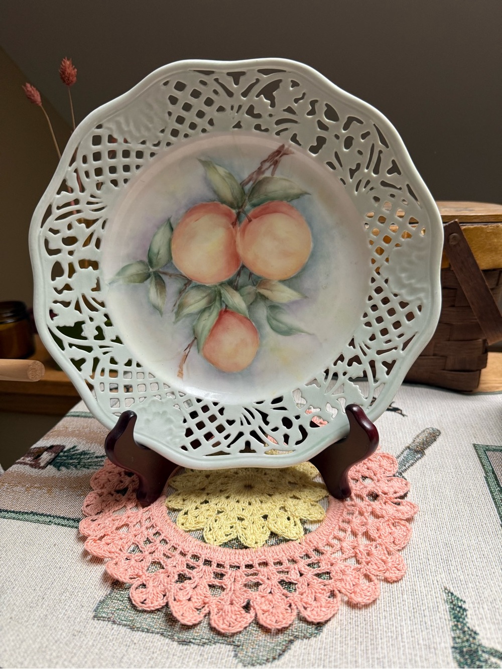 Pre-WWII Schumann Bavaria Reticulated Porcelain Plate Peach Fruit Motif 1932-44